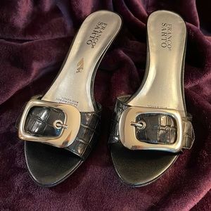 Franco Sarto black leather Dress sandal with silver buckle 2” heal. Size 8 1/2